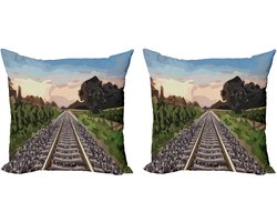 ABAKUHAUS Decoratieve kussenhoes met spoorwegmotief, 2 stuks, stenen en spoorrails, moderne accentprint, dubbelzijdig digitaal, 40x40 cm, meerkleurig