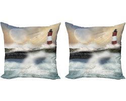 ABAKUHAUS Decoratieve kussenhoes met vuurtorenmotief, 2 stuks, moderne accenten, dubbelzijdige digitale print, 60x60 cm, meerkleurig