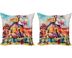 ABAKUHAUS decoratieve kussenhoez 2-pack, abstract landelijk dorp, 50x50 cm, meerkleurig