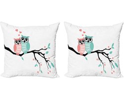 ABAKUHAUS Decoratieve kussenhoezen in turquoise en wit, set van 2, uilenpaar, moderne accenten, dubbelzijdige digitale print, 40x40 cm, zwart
