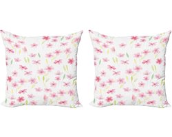 ABAKUHAUS Decoratieve kussenhoezen met bloemenprint, 2 stuks, moderne accenten, dubbelzijdige digitale print, 50x50 cm, wit, roze, lichtgeel