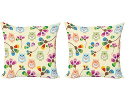 ABAKUHAUS Decoratieve kussenhoezen met cartoonprint, 2 stuks, uilen en bloem kinderkamer, 40x40 cm, crèmekleurig met meerdere kleuren