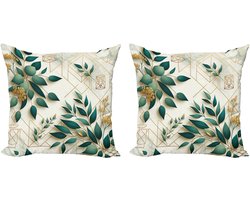ABAKUHAUS Decoratieve kussenhoezen met eucalyptusbladmotief, 2 stuks, moderne accenten, dubbelzijdige digitale print, 45x45 cm, blauwgroen ivoor