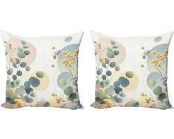 ABAKUHAUS Decoratieve kussenhoezen met eucalyptusbladmotief, 2 stuks, moderne accenten, dubbelzijdige digitale print, 45x45 cm, groen, blauw, crème