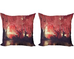 ABAKUHAUS Decoratieve kussenhoezen met natuurmotief (2 stuks), Charmant mistbos, 50x50 cm, Bruin Robijn