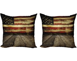 ABAKUHAUS Decoratieve kussenhoezen Verenigde Stat set van 2, vintage vlag van hout, 50x50 cm, crème en rood