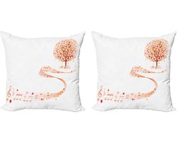 ABAKUHAUS Decoratieve kussenhoezen voor de herfst, set van 2, bladmuziek en not 40x40 cm, wit oranje