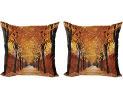 ABAKUHAUS Decoratieve kussenhoezen voor de herfst, set van 2, Trein in het bos, Modern accent, dubbelzijdige digitale print, 40x40 cm, Oranje
