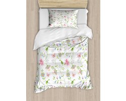 ABAKUHAUS Dekbedovertrekset met bloemenprint voor eenpersoonsbedden, bloemen en vlinders, inclusief kussensloop, 130 x 200 cm