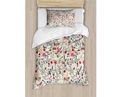 ABAKUHAUS Dekbedovertrekset met bloemenprint voor eenpersoonsbedden, vogels en rozen met stippen, inclusief kussensloop, 130 x 200 cm