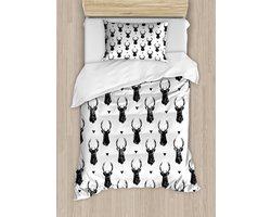 ABAKUHAUS Dekbedovertrekset met hertenprint voor eenpersoonsbedden, monochroom dierenhoofd, inclusief kussensloop, 130 x 200 cm