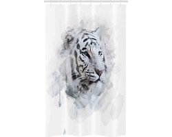 ABAKUHAUS dierendouchegordijn met White Tiger Portrait - Voor douchecabine en stoffen badkamerdecoratie, inclusief ophangringen - 120 x 180 cm, zwart grijs wit