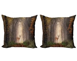 ABAKUHAUS Dierenwereld Kussenhoes 2-pack – Hert Mystieke Bos – 40x40 cm – Herfstbruin – Groen