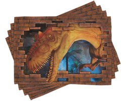 ABAKUHAUS Dinosaurus-placematten, Tyrannosaurus breekt door een bakstenen muur – angstaanjagende taferelen: jungle, huisinvasie. Wasbare stoffen placematten, eetkamer/keuken, tafeldecoratie, digitaaldruk, oranje