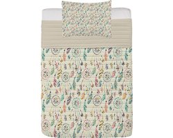 ABAKUHAUS Feather Microfiber Bedspreiset, Tribal Art Inspiration, Zacht Beddengoed Set met kussenslopen en quilt, 170 cm x 220 cm, Teal Beige
