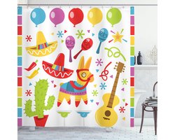 ABAKUHAUS Fiesta Douchegordijn, Mexican Feest Patroon Cactus Sombrero Musical Items en een Pinata Inspiraties, Stoffen Badkamerdecoratieset met Haken, 175 cm B x 260 cm L, Rood Paars