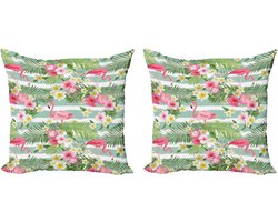 ABAKUHAUS Flamingo Sierkussenhoes Set van 2, Exotische Hawaii-Blad, Modern Accent Dubbelzijdige Digitale Print, 45x45, Groen Wit Roze