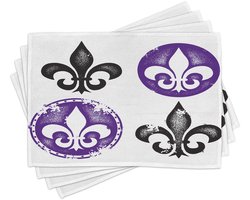 ABAKUHAUS Fleur-de-Lis placematten, collectie Fleur-de-Lis-ontwerpen, Vintage silhouetten, artistieke spiraalkunst, tafeldecoratie van kleurvaste stoffen voor eetkamer en keuken, paars en zwart