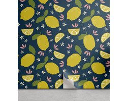 ABAKUHAUS Fruit Peelable & Adhesive Behang voor thuis, Pop Lemon and Flowers, Zelfklevende Woonkamer Keuken Accent, 33 cm x 180 cm, Teal, Blauw, Geel