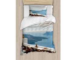 ABAKUHAUS Grieks dekbedovertrekset voor eenpersoonsbedden, uitzicht op de caldera van Santorini, inclusief kussensloop, 130 x 200 cm