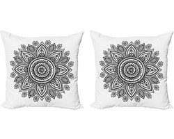 ABAKUHAUS Henna decoratieve kussenhoez 2 stuks, zonnebloempatroon, 60x60 cm, wit/zwart