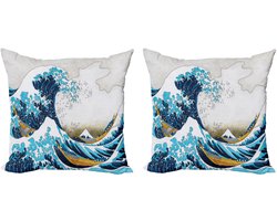 ABAKUHAUS Hokusai Decoratieve Kussenhoes, Set van 2, Oceaangolf van Kanagawa, Modern Accent Dubbelzijdige Digitale Print, 45x45 cm, Meerkleurig