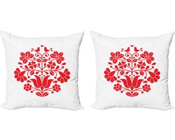 ABAKUHAUS Hongarije Decoratieve kussenhoezen 2-pack, Kalocsa patroon boho bloemen, modern accent dubbelzijdige digitale print, 60x60 cm, rood