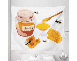 ABAKUHAUS Honing Bee Wandkleed King-formaat, Apiary Collaboration Houten Spoon Honeycomb Jar en Sunflowers Cartoon, Wandkleed Bedsprei Bedhoes Wanddecoratie, 260 x 220 cm, Oranje en Meerkleurig