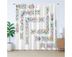 ABAKUHAUS Iers rustiek gordijn, Gaelisch ornamentpatroon, met lussen en haken voor de woonkamer, 280 x 260 cm, wit, groen, geel