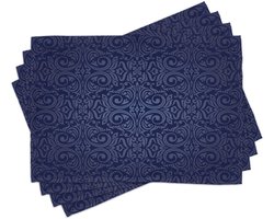 ABAKUHAUS Indigo-placematten, Victoriaanse wijnoogst – oude koninklijke tijden geïnspireerde bloemblad-wervel-motief kunstafdruk, Tiscjdeco gemaakt van kleurvast stof voor eetkamer en keuken, donkerblauw