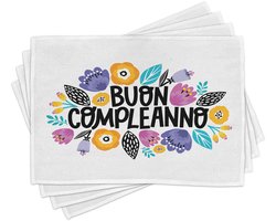 ABAKUHAUS Italiaanse placemats, Gefeliciteerd met je verjaardag in het Italiaans, tafeldecoratie van kleurvaste stoffen voor de eetkamer en de keuken, wit en multicolor