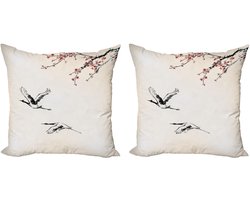 ABAKUHAUS Japanse decoratieve kussenhoezen (2 stuks), kersenboom in de lente, 40x40 cm, roodgrijs ecru