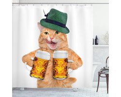 ABAKUHAUS Kat Douchegordijn, Coole Kattenhoed Biermok Grappig, Stof Stof Badkamerdecoratie Set met haken, 175 x 200 cm, Witgroen Geel
