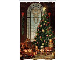 ABAKUHAUS Kerst Smalle Douchegordijn, Kerstboom, Badkamerdecoratieset gemaakt van stof met haak, 120 x 180 cm, Bruin Groen Rood