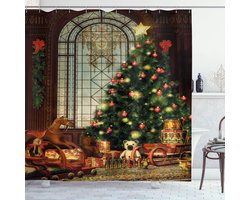 ABAKUHAUS Kerstdouchegordijn, Kerstboom, Stoffen Badkamerdecoratieset met haak, 175 x 200 cm, Bruingroen Rood