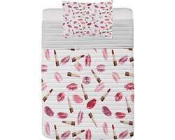 ABAKUHAUS Kosmetika Microfiber Bedspreiset, Lipstick Kiss Make-up, Zacht beddengoed met kussenslopen en quilt, 170 cm x 220 cm, bordeauxrood en roze