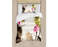 ABAKUHAUS Kunst dekbedovertrekset voor eenpersoonsbedden, ontwerp met een vogel die in een lotusbloem springt, inclusief kussensloop, 130 x 200 cm