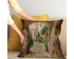ABAKUHAUS Landschap Sierkussenhoes, Landschap from Another Door Antiek Stijl Steen Village Tuscany Italian Valley, Decoratieve Vierkante Sierkussenhoes, 45 x 45 cm, Licht Bruin