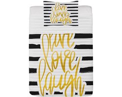 ABAKUHAUS Live Laugh Love Microfiber Bedspreiset, Stripes Text, Zacht beddengoed met kussenslopen en quilt, 170 cm x 220 cm, Black White Earth Yellow