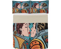 ABAKUHAUS Love Microfiber Bedspreiset, Cartoon Kiss in Space, Zacht beddengoed Set met kussenslopen en quilt, 264 cm x 220 cm, Turquoise Pink Orange