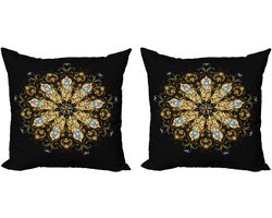 ABAKUHAUS Mandala Decoratieve Kussenhoes, Set van 2, Pauwenveren met Steen, Modern Accent Dubbelzijdige Digitale Print, 40x40 cm, Mosterdgrijs