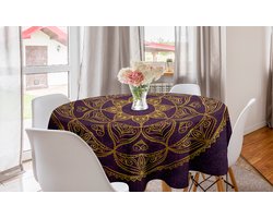 ABAKUHAUS Mandala Rond Tafelkleed, Cirkelvormig Mandalaontwerp Oosters Ouderwets en Natuurgeïnspireerd Traditioneel Patroon, Rond Tafelkleed voor Eetkamer Keukendecoratie,150 cm, Paars Aardegeel