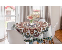 ABAKUHAUS Mandala ronde tafelkleed, bloemmotieven oosters, cirkelvormige tafelkleedhoes voor eetkamerkeukendecoratie, 150 cm, bruin witgroen