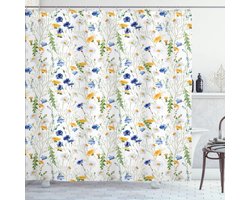 ABAKUHAUS Natuur Douchegordijn, Klaprozen Madeliefjes Rural, Stoffen Badkamerdecoratieset met Haken, 175 x 240 cm, Licht Groen Geel Blauw