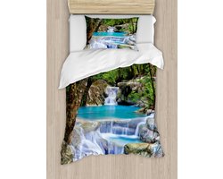 ABAKUHAUS Natuurlijke dekbedovertrekset voor eenpersoonsbedden, rotsen in een meer met waterval, inclusief kussensloop, 130 x 200 cm