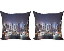 ABAKUHAUS New York Decoratieve Kussenhoes, Set van 2, Manhattan Skyline 's Nachts, 60x60 cm, Oranje Blauw