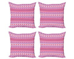 ABAKUHAUS Noordische Kussenhoezen Set 4x 60x60 cm – Dubbelzijdig bedrukt – Paars/Wit/Donker koraal