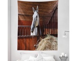 ABAKUHAUS Paard Wandkleed Eenpersoonsformaat, Jong Mare Eating Hay in Stable Rustiek Barn Ranch Huis Dier Plezier Print, Wandkleed Bedsprei Bedhoes Wanddecoratie, Eenpersoonsformaat, Olijfgroen Groen