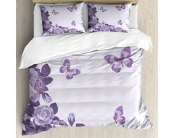 ABAKUHAUS Paarse dekbedovertrekset voor tweepersoonsbedden, bruidsrozen en vlinders, inclusief kussenslopen, 200 x 200 cm