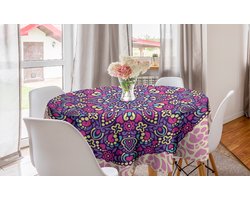 ABAKUHAUS Paarse Mandala Rond Tafelkleed, Abstract Bloemenkosmos Oosters Motief met Bloemblaadjes, Rond Tafelkleed voor Eetkamer Keukendecoratie,150 cm, Lichtroze Magenta Crème